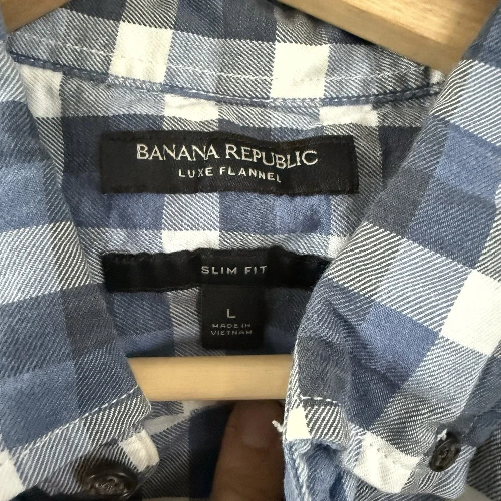 Banana Republic Luxe Flannel Shirt Men Large Blue White Check Slim Fit Button Up